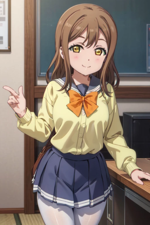 (((pixel perfect, Detail Perfect))),Bad Hand,Well-formed five-finger,Solo, 1girl in, Hanamaru Kunikida, uranohoshi school uniform, bowtie, Looking at Viewer, Smile,king of white pantyhose