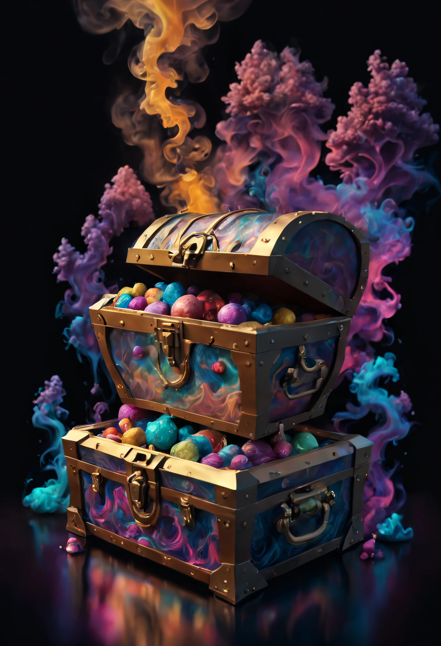 photorealistic movie still of a water, treasure chest, smoke, no humans, black background, liquid, gradient background, 10k high resolution, psychedelic trip,