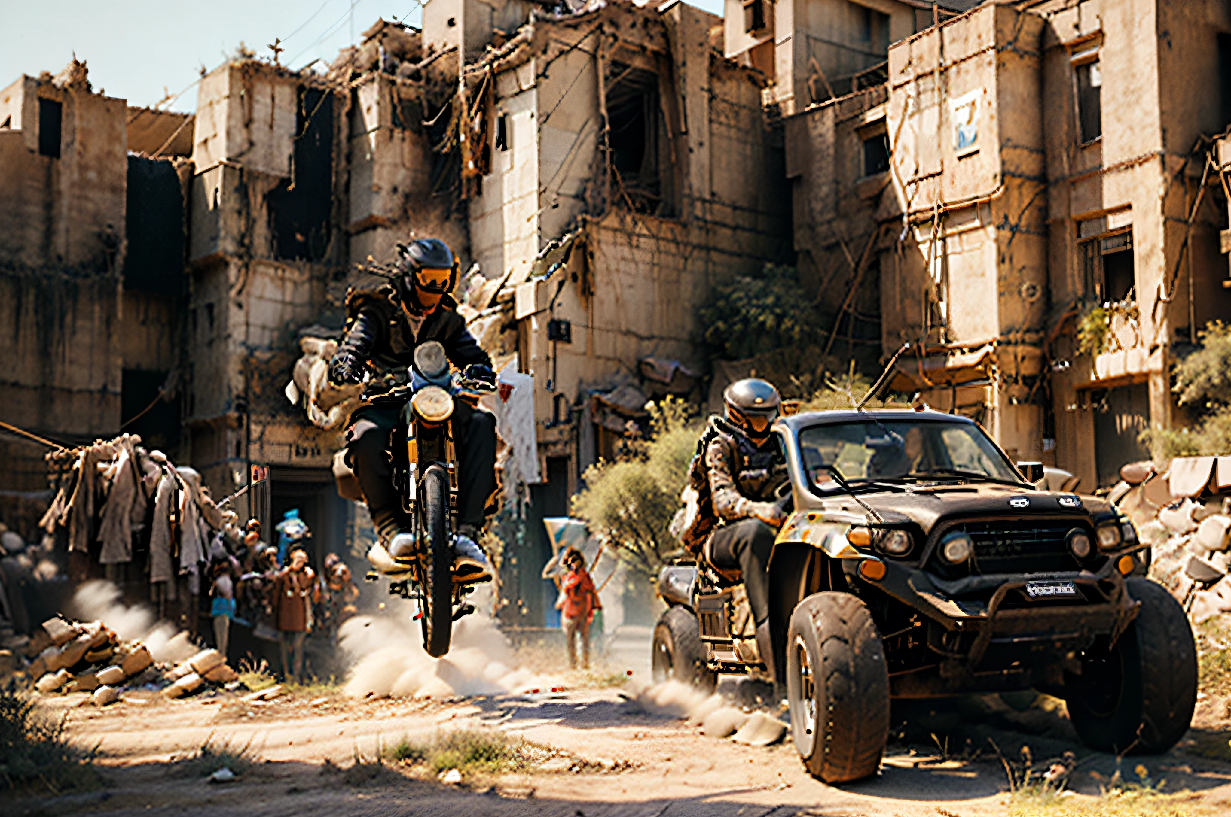 retrofuturism, dieselpunk, mad max, desert, monster trucks, attack, boarding, gunfire, many explosions, jump ahead, dust from wheels, sidecar motorcycles, high speed pursuit, many objects in frame, ultra detail overall, panoramic plan, epic battle,