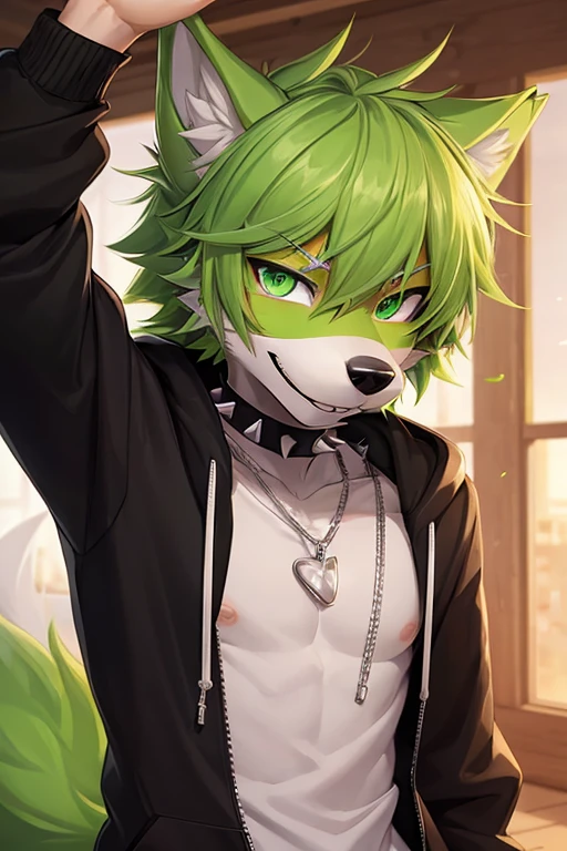 (((8K))), (((wolf))), ((spiky hair)), nose bandage, (((limegreen hair))), (black fur), boy, schoolboy, cute boy, cute, lime green eyes, black hoodie with lime green hood, ((long muzzle)), smiling, delinquent, handsome, very detailed, intricate detail, detailed face, cute fang, enthusiastic, energetic, playful, pink nose, dog tags, chain accessories, fluffy tail