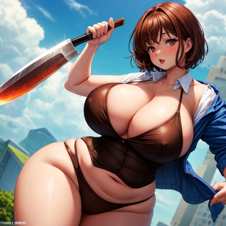 Chubby girl with short brown hair, she has reddish eyes, huge breasts, she wears a suit and is holding a knife