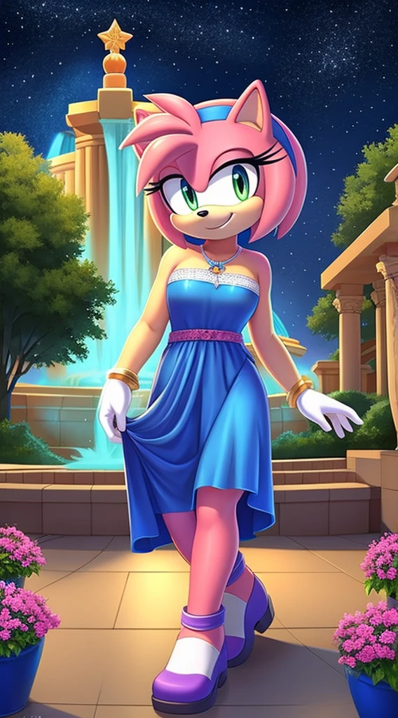 Amy Rose, Pink Hedgehog, Beautiful, short hair, Blue hairband, smile, Jewelry, Blue Strapless Dress, Long Dress, Long White Gloves, Night, Stars, Looking at Viewer, walking, 2D illustration. A Background of a Roman pillars of Scenic green field with trees lining the sidesl, with colorful flowers, and water fountain, upper body, close up.