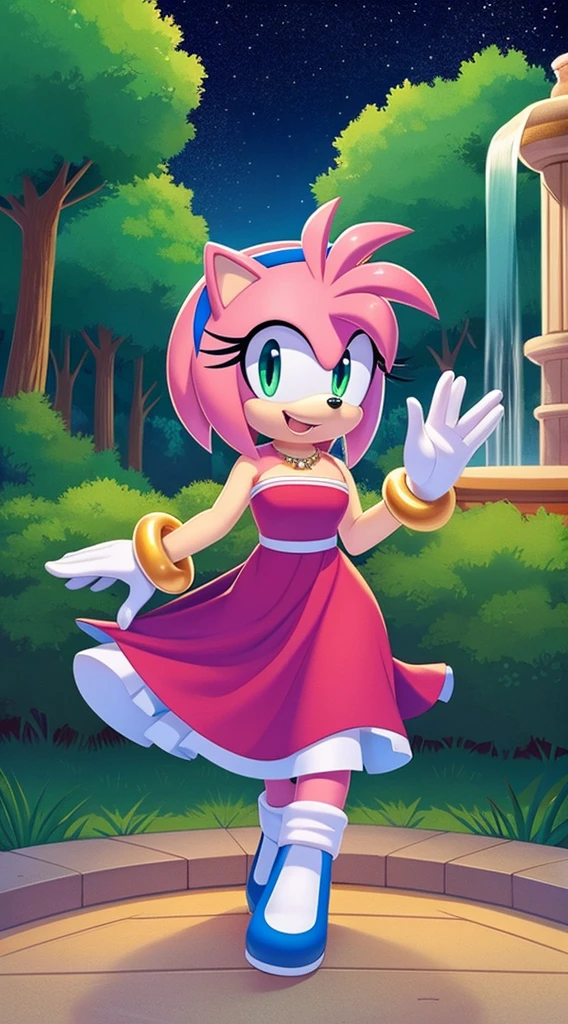 Amy Rose, Pink Hedgehog, Beautiful, short hair, Blue hairband, smile, Jewelry, Blue Strapless Dress, Long Dress, Long White Gloves, Night, Stars, Looking at Viewer, walking, 2D illustration. A Background of a Roman pillars of Scenic green field with trees lining the sidesl, with colorful flowers, and water fountain, upper body, close up.