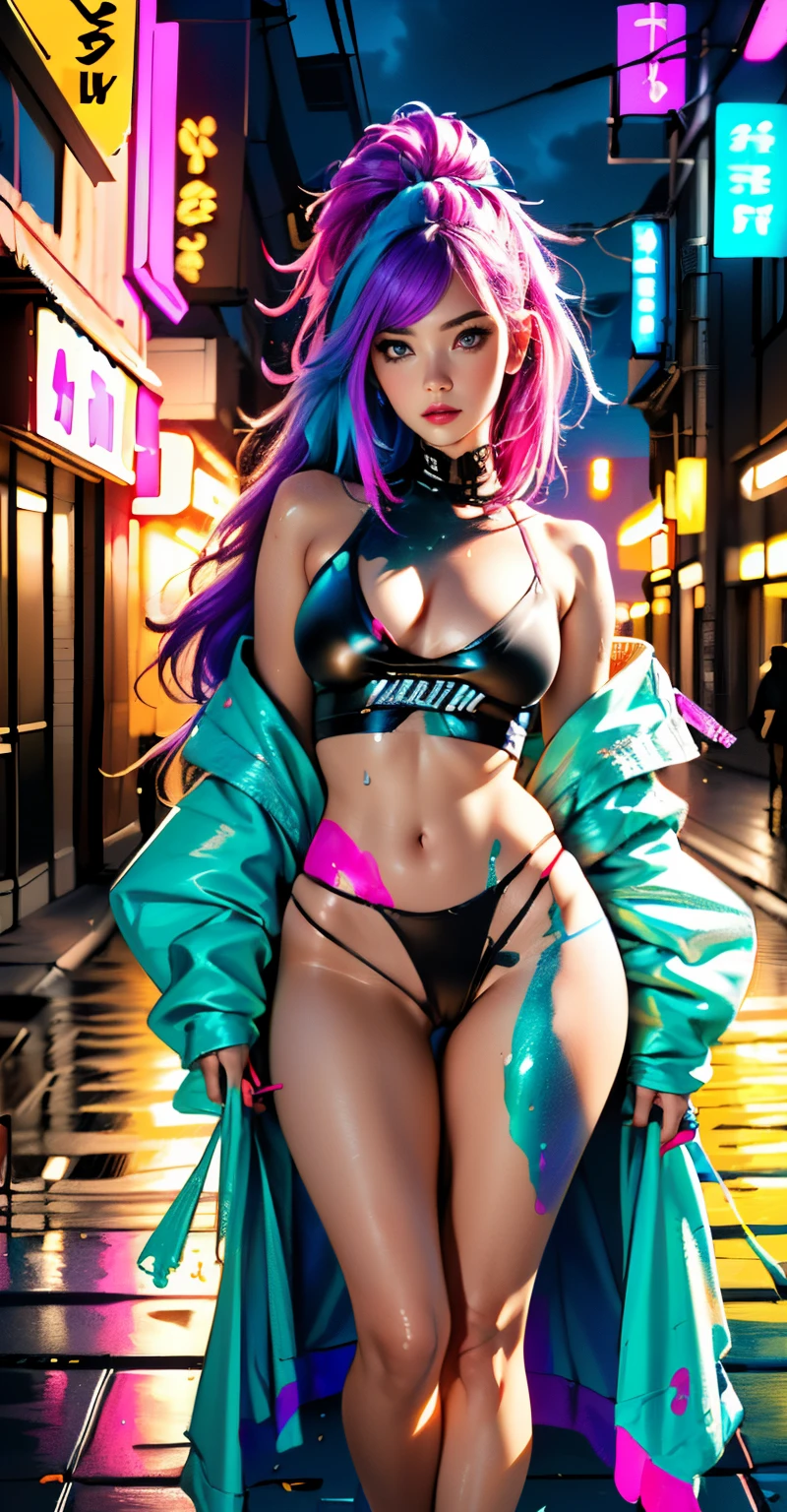 cute cartoon girl,(((1girl))),((extremely cute cartoon girl with liquid paint hair)), (((very long hair,absurdly long hair,hair down to the waist,liquid paint hair:1.1,neon purple hair|neon pink hair|neon blue hair|neon aqua hair|purple hair|fuchsia hair|fluorescent blue hair|amethyst hair|neon hair|bright pink hair :1.5,bright hair: 1.3,hair made of paint and defies gravity,thick flowing,paint splatter:1.3,shiny hair: 1.3,vibrant colored hair))),((heterochromia:1.5,eye1 purple,eye2 pink,upturned eyes:1.erfect eyes,beautiful detailed eyes,finely detailed beautiful eyes:1,symmetrical eyes:1)),((fat)),(((lustrous skin:1.5,bright skin: 1.5,skin tanned,shiny skin,very shiny skin,shiny body,plastic glitter skin,exaggerated shiny skin,illuminated skin,wet legs))),(athletic body,delicate detailed fingers,detailed body,human hands,(detailed face)),cute,seductive
(((liquid paint clothes,clothes made of liquid paint,body paint))),with liquid paint micro clothes,body paint,dripping paint,bare legs,((wet liquid paint clothes,detailed outfit,detailed liquid paint clothes)),(dynamic pose),solo focus,embarrassed,(centered,scale to fit dimensions,Rule of thirds),cyberpunk city by the ocean at night, with bright neon signs and dark stormy clouds and puddles,High resolution, sharp focus, (ultra detailed, extremely detailed), (photorealistic artwork:1.37), 8k wallpaper,((synthwave background theme)),((vibrant colors)),(intricate),masterpiece,(best quality),