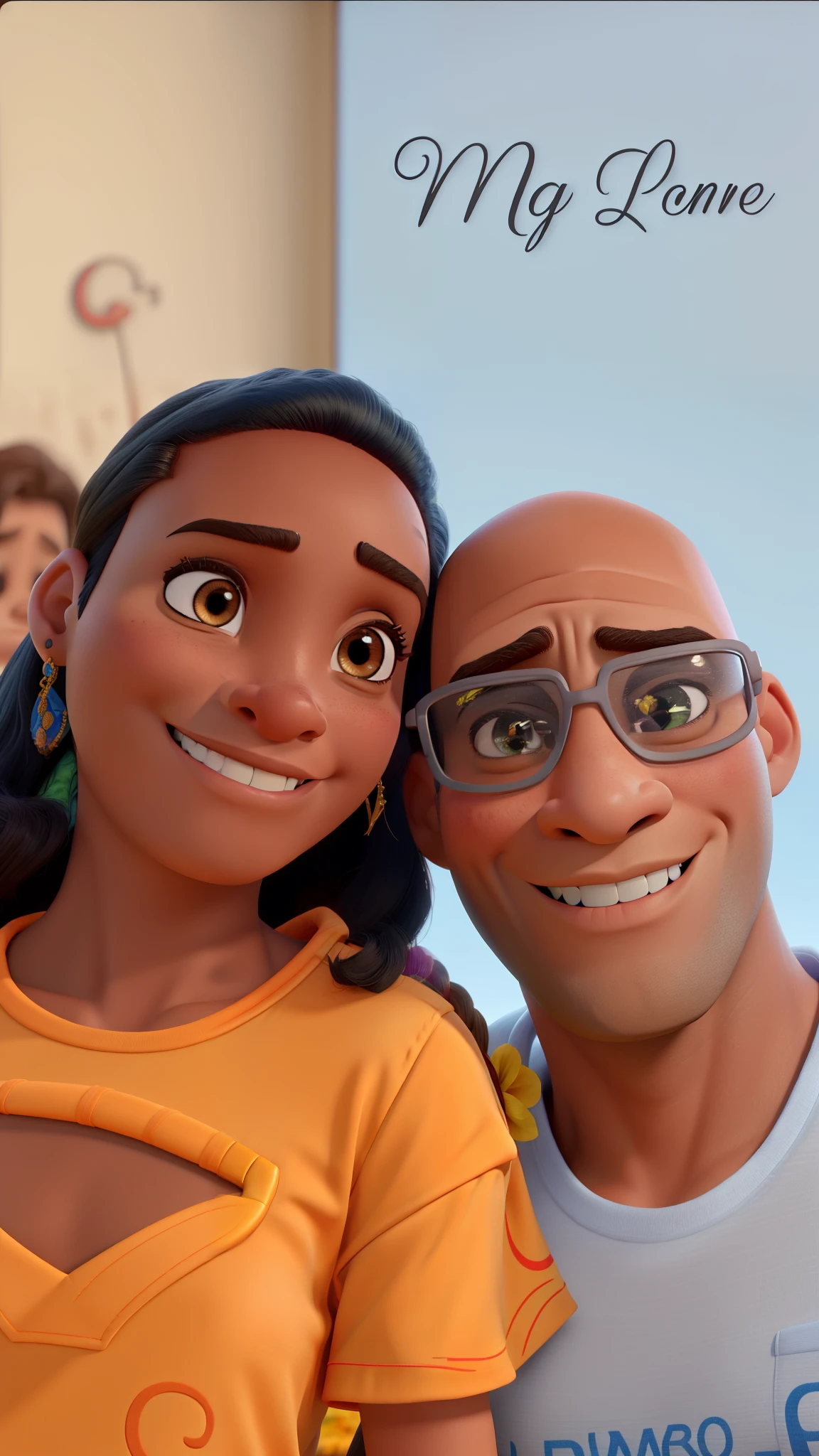 Pixar, animification, 3d, casal romance, homem 35 anos, sem cabelo careca, pele marrom, mulher 30 anos, pele marrom, jovens, alegres.
