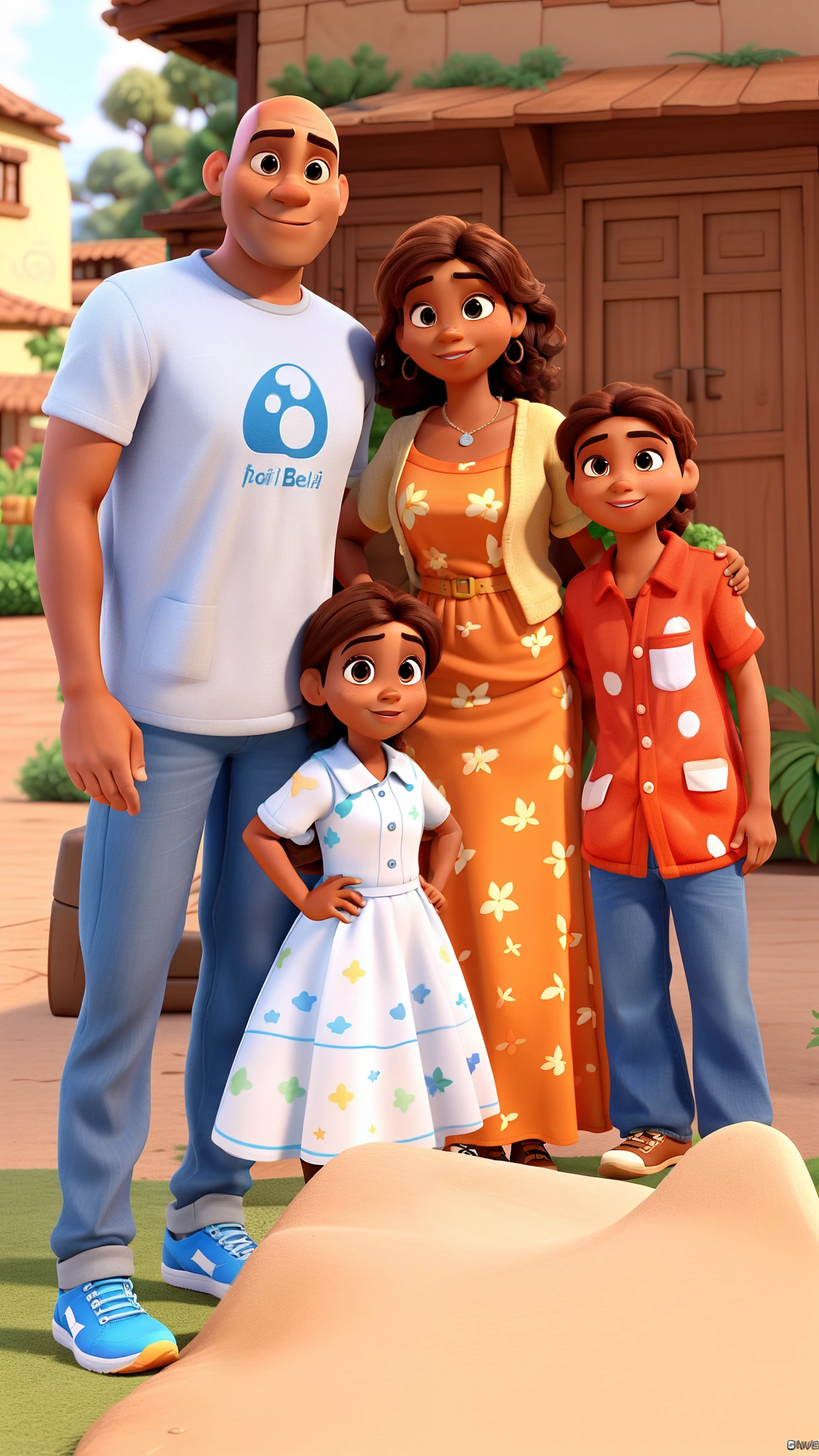 Imagem estilo pixar, alta qualidade, 3d, melhor qualidade, Brown family, Family of 4, skin Brown, Bald father with no hair on his head, homem forte 35 anos, mulher 30 anos, 5 anos, meninoos, menino hear mother woman, alegria, imagem 3d, alta qualidade detalhes, pixar animation