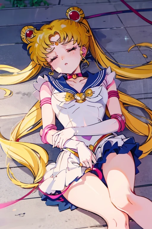 solo, eternal sailor moon, closed eyes, parted lips, lying on ground, tilt head, pain, suffering, tentacle leash