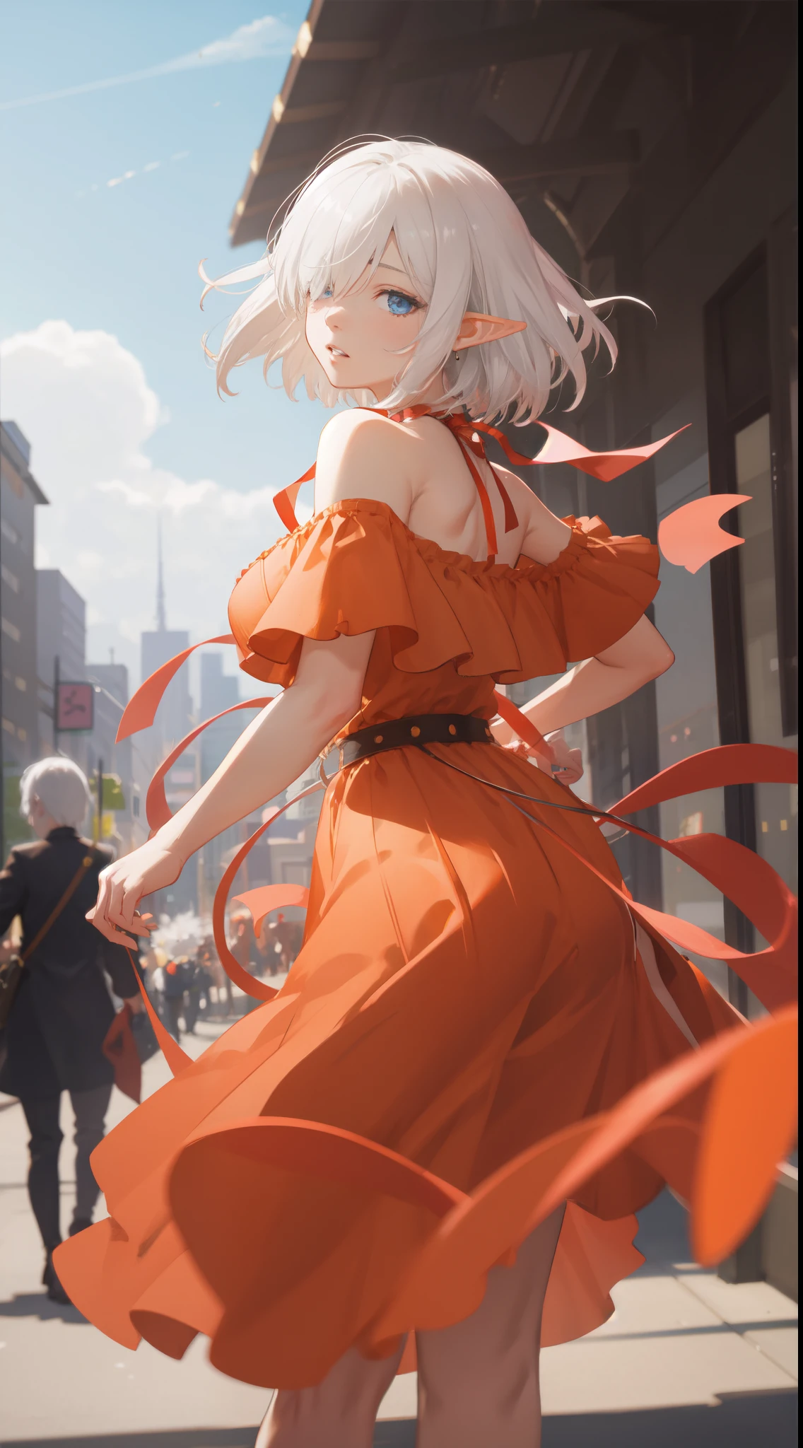 masterpiece,(bestquality),highlydetailed,ultra-detailed, a elf woman posing on the street corner with orange dress on, best quality, (elf), 1girl, big breast, day, bright, (depth of field:1.3), (blurry background:1.1), outdoor, (street:0.8), (people, crowds:0.8), (off-shoulder dress:1.2), Bob cut hair, parted bangs, (hair over one eye), white hair, blue eyes, beautiful detailed sky, (dynamic pose:1.2), soft lighting, wind, shiny skin, (upper body:0.8), parted lips, artstation by Artgerm, by Kawacy, By Yusuke Murata