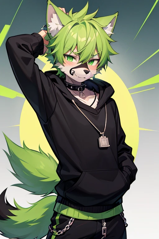 (((8K))), (((wolf))), ((spiky hair)), nose bandage, (((limegreen hair))), (((black fur))), boy, boy, cute boy, cute, lime green eyes, black hoodie with lime green hood, ((long muzzle)), smiling, delinquent, handsome, very detailed, intricate detail, detailed face, cute fang, enthusiastic, energetic, playful, pink nose, dog tags, chain necklace, fluffy tail,