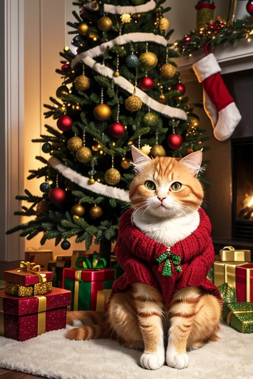 Cute fluffy ginger cat. Christmas, gifts, tree, garland, Christmas lights. Cozy Christmas clothes. Award winning. Insanely detailed.