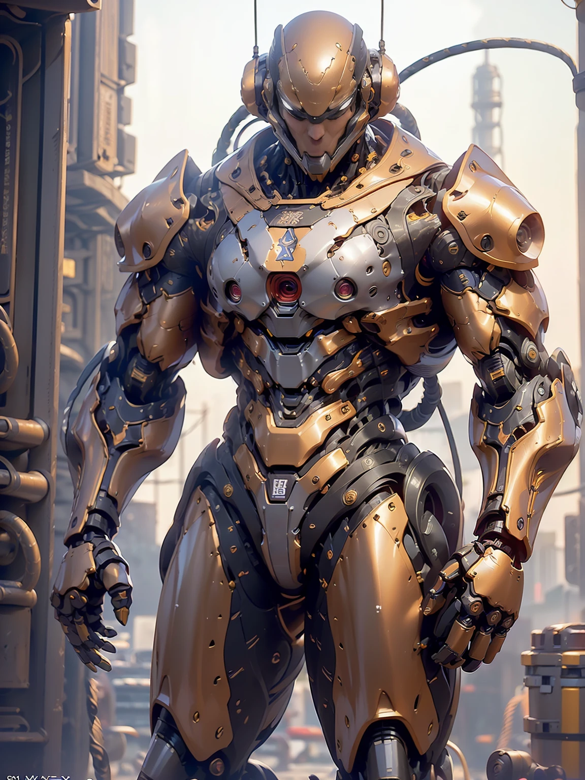 (beautiful muscular female cyborg:1.25), (megan-fox:1.5), (full body pose), (metallic muscular armor:1.5), (no hair), (bald head covered in cables:1.5), (robotic mechanical physique:1.5), (super muscular female cyborg:1.5), (covered in cables and mechanical muscles:1.5), (android muscular anatomy:1.5), (perfect fingers:1.25),(8k, RAW photo, photorealistic:1.25), sci fi atmosphere, futuristic dystopia, alien landscape,