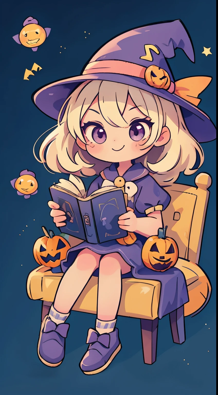 Cute Halloween Theme、full body Esbian、A smile、 The Wand and the Magic Book、Glamorous Hat、Halloween Accessories、Draw clothes buttons and pockets in a Halloween style、Cute shoes、sit a chair、bio luminescent、radiant light