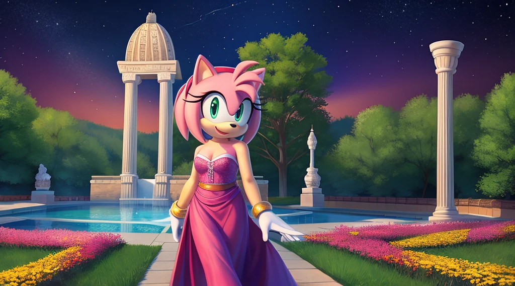 Amy Rose, Pink Hedgehog, Beautiful, short hair, Blue hairband, smile, Jewelry, Blue Strapless Dress, Long Dress, Long White Gloves, Night, Stars, Looking at Viewer, walking, 2D illustration. A Background of a Roman pillars of Scenic green field with trees lining the sides, with colorful flowers, and water fountain, upper body, close up.