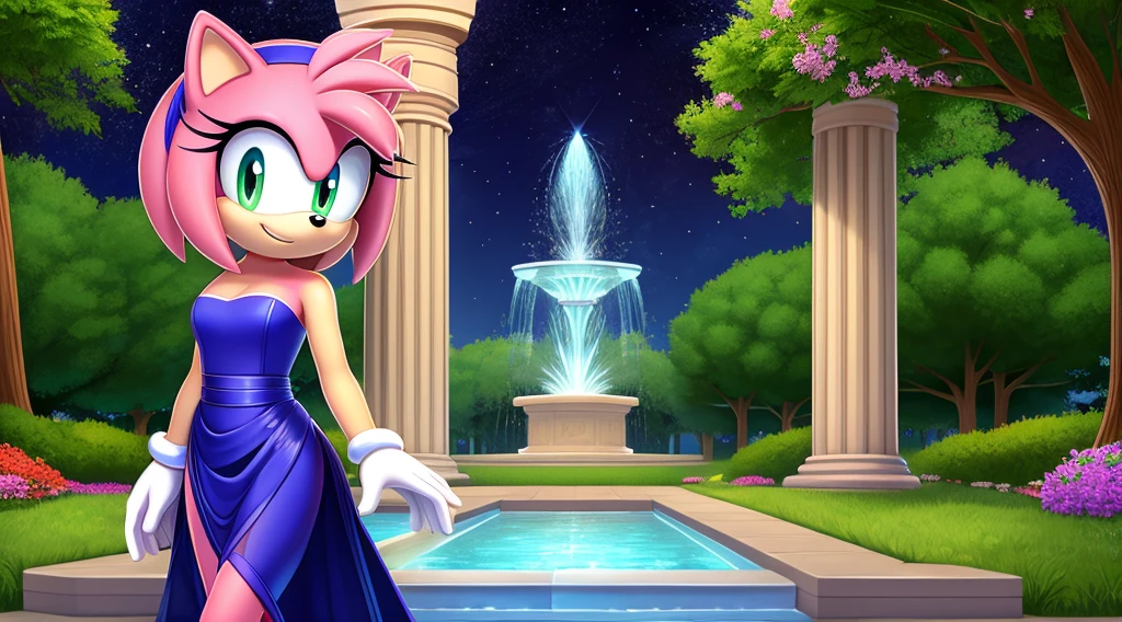 Amy Rose, Pink Hedgehog, Beautiful, short hair, Blue hairband, smile, Jewelry, Blue Strapless Dress, Long Dress, Long White Gloves, Night, Stars, Looking at Viewer, walking, 2D illustration. A Background of a Roman pillars of Scenic green field with trees lining the sides, with colorful flowers, and water fountain, upper body, close up.