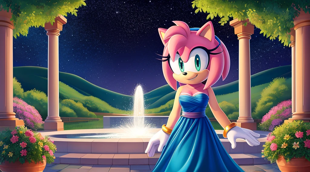 Amy Rose, Pink Hedgehog, Beautiful, short hair, Blue hairband, smile, Jewelry, Blue Strapless Dress, Long Dress, Long White Gloves, Night, Stars, Looking at Viewer, walking, 2D illustration. A Background of a Roman pillars of Scenic green field with trees lining the sides, with colorful flowers, and water fountain, upper body, close up.