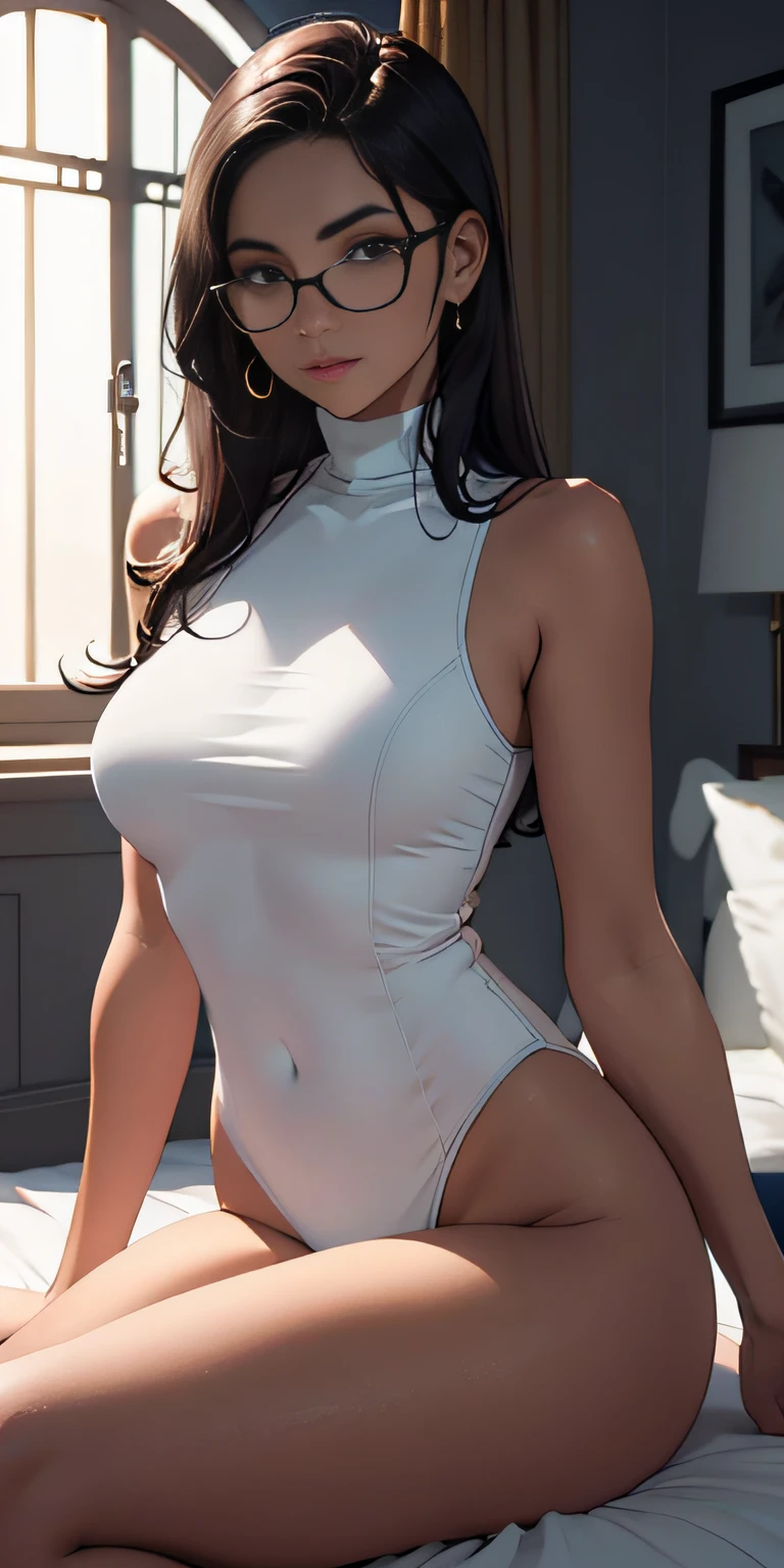 una chica,gafas circulares， White sleeveless turtleneck one-piece sweater, Long white cotton socks, Lips are slightly open, cara roja, cabello mojado，sudor en todo el cuerpo，Sit on a bed, Pechos crujientes, Convex buttocks, Antecedentes detallados, Detalles de la ropa, perfectamente proporcionado, Multiple perspective grain, Colores Fuji, Contraste de luz y sombra, tmasterpiece, Alto detalle, Alta calidad, A high resolution, cinematic lighting, 8k, piel texturizada, Super detail