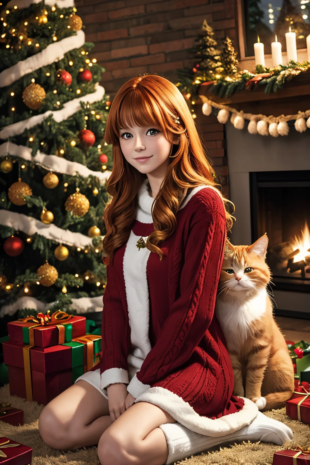 Cute fluffy ginger cat. Christmas, gifts, tree, garland, Christmas lights. Cozy Christmas clothes. Award winning. Insanely detailed.