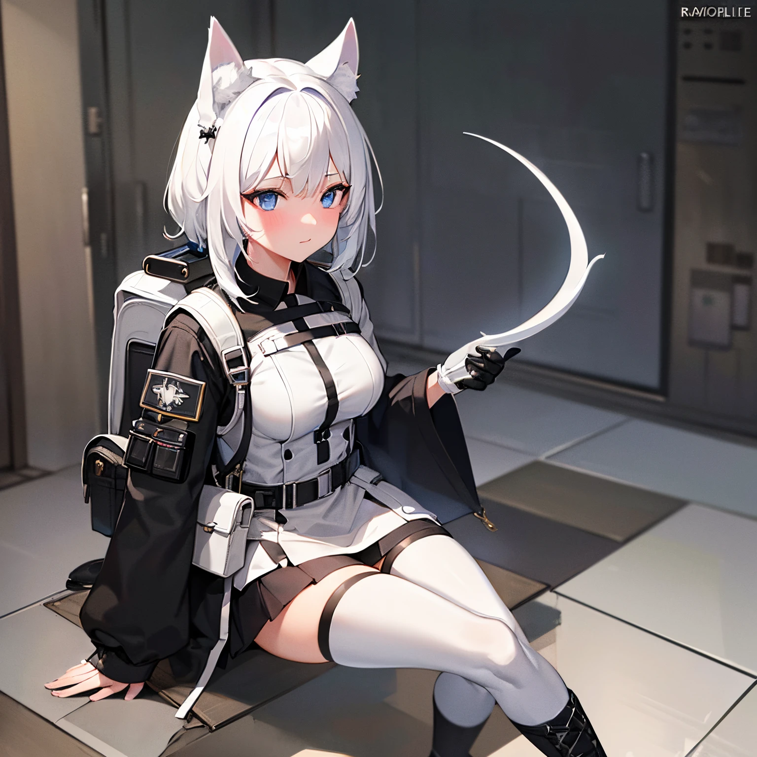 8k resolution, high quality, high resolution, best quality, best resolution, absurd resolution, ray tracing, high detailed, white hair, female,white wolf ears, teenage girl, slim body, white scale dragon tail,black combat boots,skirt, black leggings, black t-shirt, combat medic backpack, white scale dragon tail, detailed blue eyes, beautiful face,