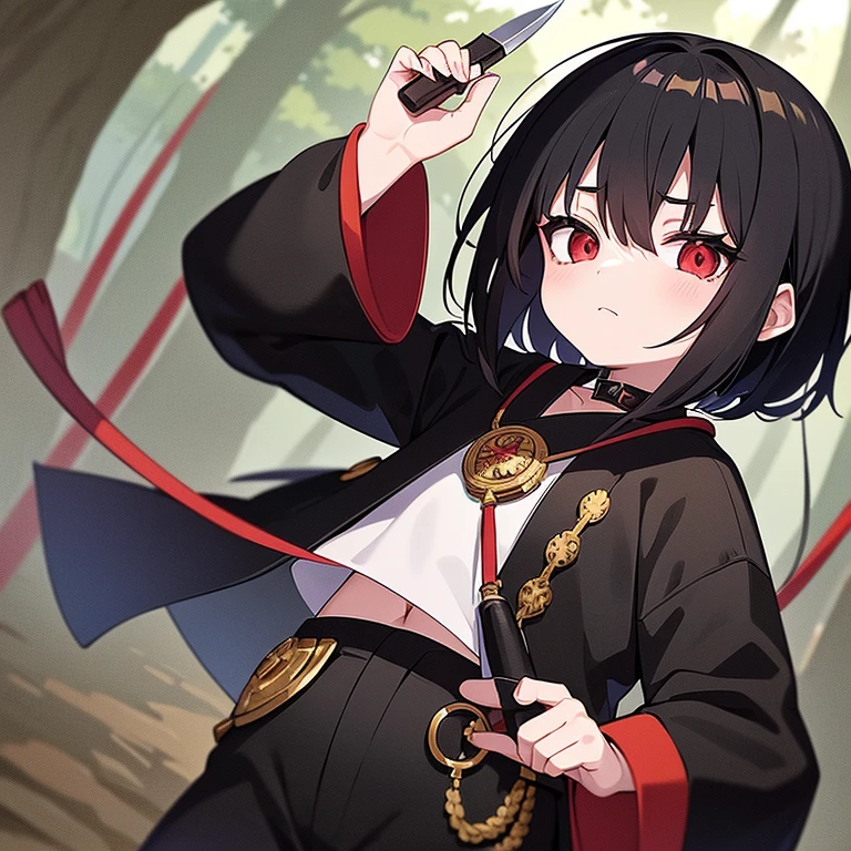 Little anime kid girl with red eyes and black hair with a flat chest with a gold medallion around her neck wearing an all black long sleeve ancient Japanese shirt and black ancient Japanese pants holding a kunai knife looking confident and her right eye open and her left eye closed in a forest with green ecto mist all around her in a forest