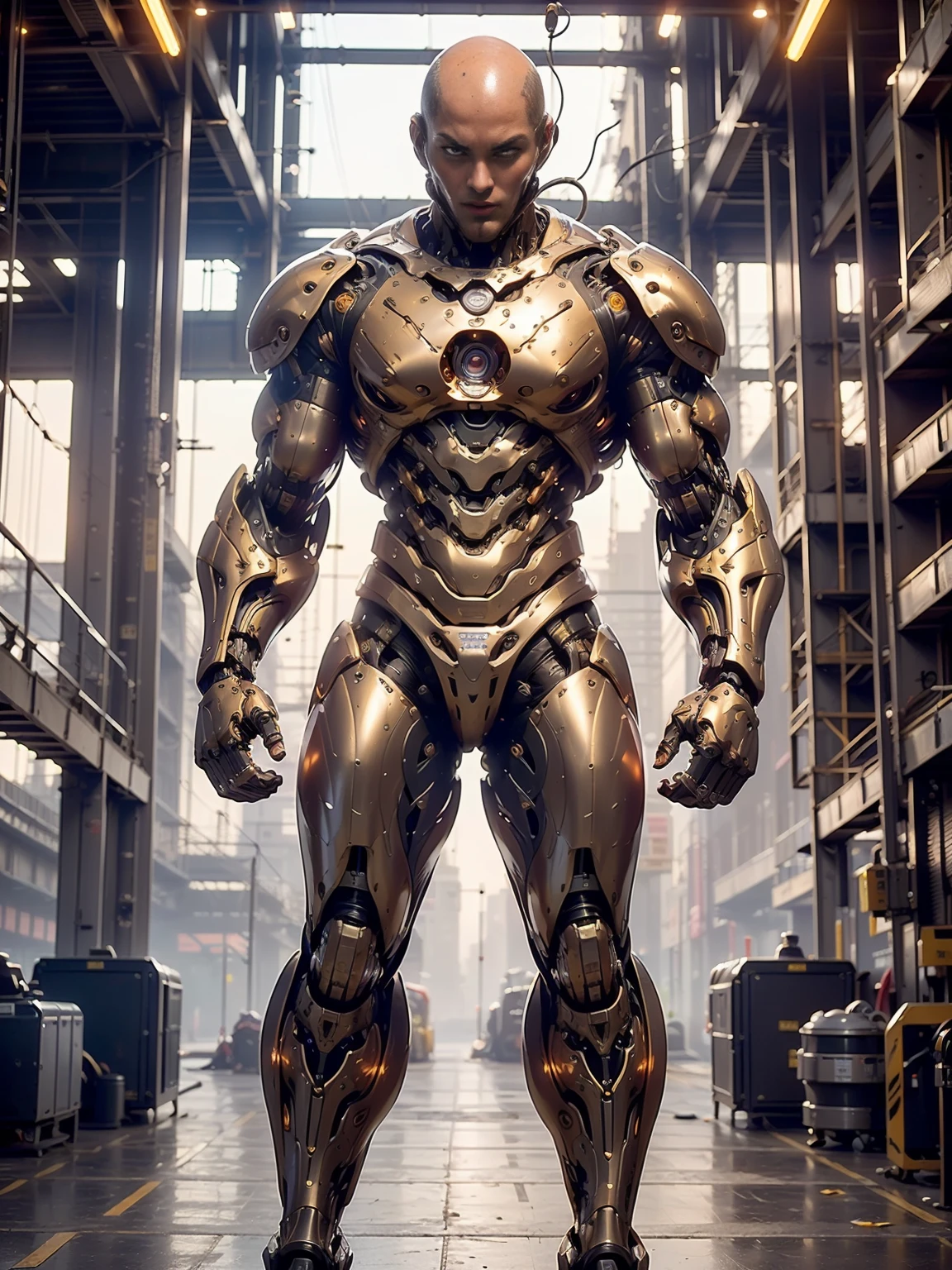 (beautiful muscular female cyborg:1.25), (megan-fox:1.5), (full body pose), (metallic muscular armor:1.5), (no hair), (bald head covered in cables:1.5), (robotic mechanical physique:1.5), (super muscular female cyborg:1.5), (covered in cables and mechanical muscles:1.5), (android muscular anatomy:1.5), (perfect fingers:1.25),(8k, RAW photo, photorealistic:1.25), sci fi atmosphere, futuristic dystopia, alien landscape,