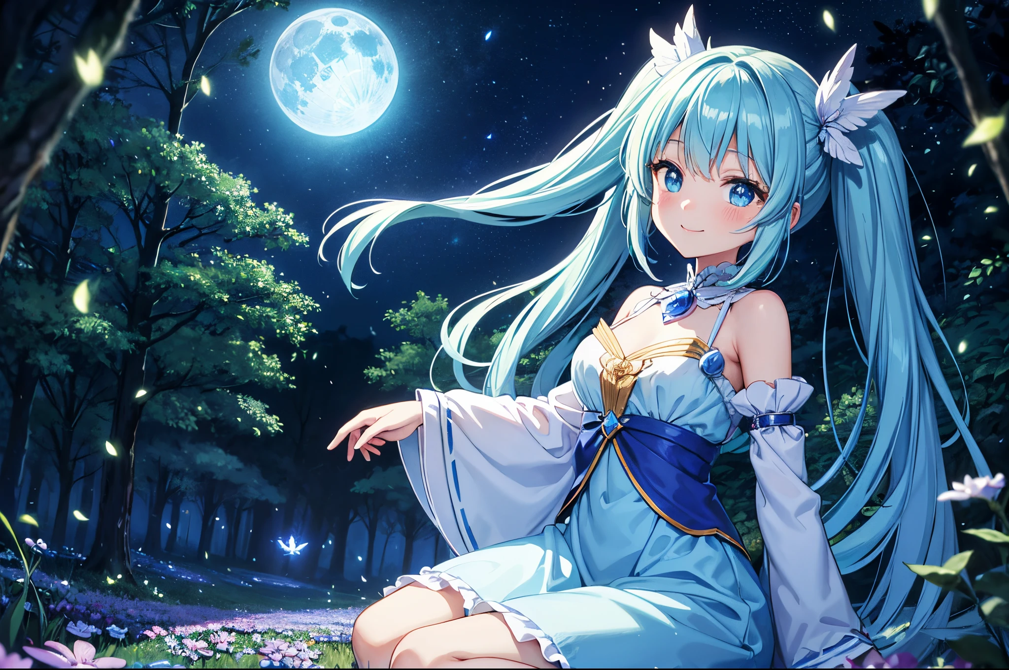 Dynamic Angle、 within a magical forest, a mystical fairy girl emerges, Girl Flying in the Sky、Light blue long hair、Hairstyle twin tails、Adorable smile, the glow of the moonlight, flower bloom、A pure white owl flies in the sky、Sparkling fireflies are flying, the air resonates with the ethereal symphony of nature's whispers, Creating a field where dreams and reality intersect,produce something overwhelming, fantastic fairy world