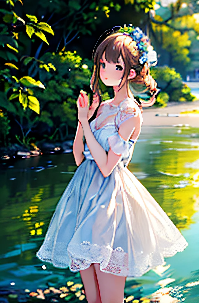 (Best quality at best,4K,8K,A high resolution,tmasterpiece:1.2),ultra - detailed,(actual,realisticlying,Photorealistic:1.37),One in a white dress、Girl with long flowing hair,美丽细致的眼睛,beautiful detailed lips,The soft sunlight shone on her face,Standing on the floating deck，The backdrop  calm water and lush greenery,middling:oil painted,Impressionistic style,vivd colour,subtle brushwork,Reflection of water,light wind,tranquil ambiance