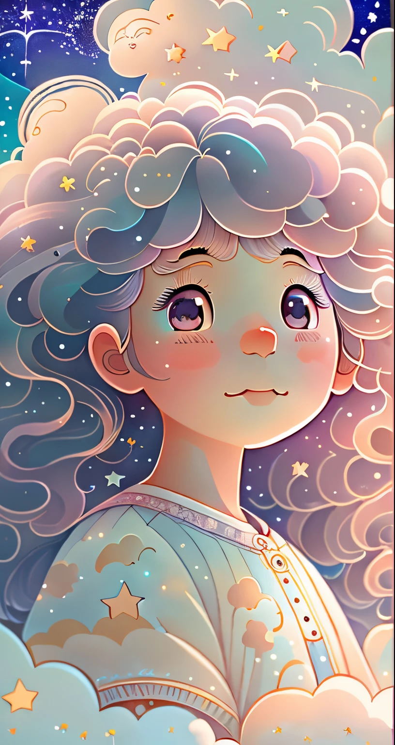 (Best quality,4K,8K,A high resolution,tmasterpiece:1.2), The girl in the clouds has hair as fluffy as clouds, tiny stars, light colors hair, In a dream, dream illustration, dream color, Children's illustration style.