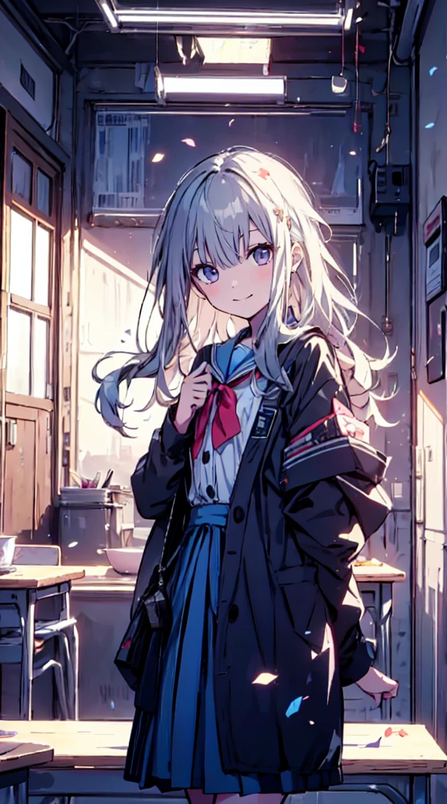 masutepiece, Best Quality,Illustration, Wallpaper, ultra -detail, 1little girl、♡、Futomo、Poses in motion、soft smiling、in school uniform