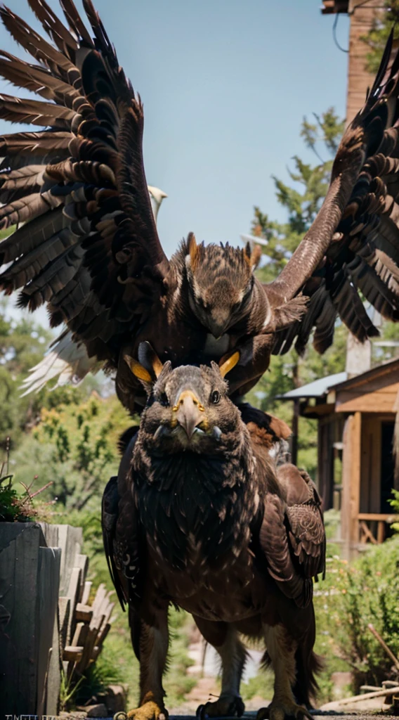 (best quality,highres,ultra-detailed,realistic),eagle in a low-level attack mode towards rabbit,sharp focus,photorealistic,studio lighting,eagle's fierce eyes,feathers in intricate detail,rabbit's innocent expression,captivating composition,fear and vulnerability emanating from the rabbit,visceral intensity,evocative atmosphere,masterpiece:1.2,striking portrayal of predator and prey,contrast between power and fragility,aggressive motion frozen in time,dynamic scene captured in exquisite detail,eagle's majestic wingspan, furiously diving,emphasizing the speed and agility,nail-biting tension,awe-inspiring presence,emotional depth,smooth gradients depicting smooth feathers,rabbit's soft fur,textures meticulously rendered,emphasizing the realism in every aspect,vivid colors highlighting the natural beauty of the scene,masterful depiction of nature's complexity and balance.