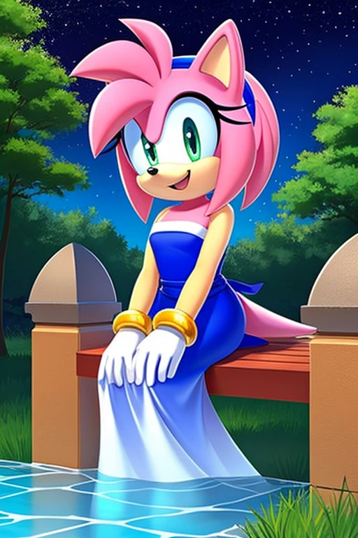 Amy Rose, Pink Hedgehog, Beautiful, short hair, Blue hairband, smile, Jewelry, Blue Strapless Dress, Long Dress, Long White Gloves, Night, Stars, Looking at Viewer, sitting down, sitting on a park bench, 2D illustration. A Background of a Roman pillars of Scenic green field with trees lining the sidesl, with colorful flowers, and water fountain, upper body, close up.