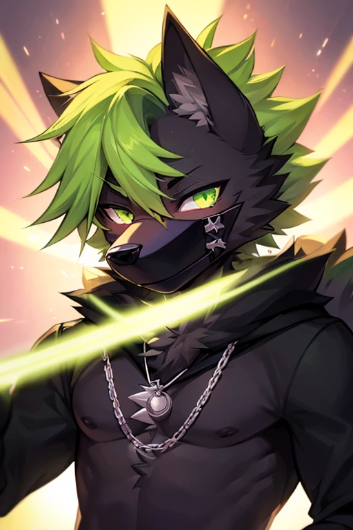 (((8K))), (((wolf))), ((spiky hair)), nose bandage, (((lime green hair))), (((black fur))), boy, boy, cute boy, cute, lime green eyes, black hoodie with lime green hood, ((long muzzle)), smiling, delinquent, handsome, very detailed, intricate detail, detailed face, cute fang, enthusiastic, energetic, playful, pink nose, dog tags, chains, fluffy tail, glowing eyes