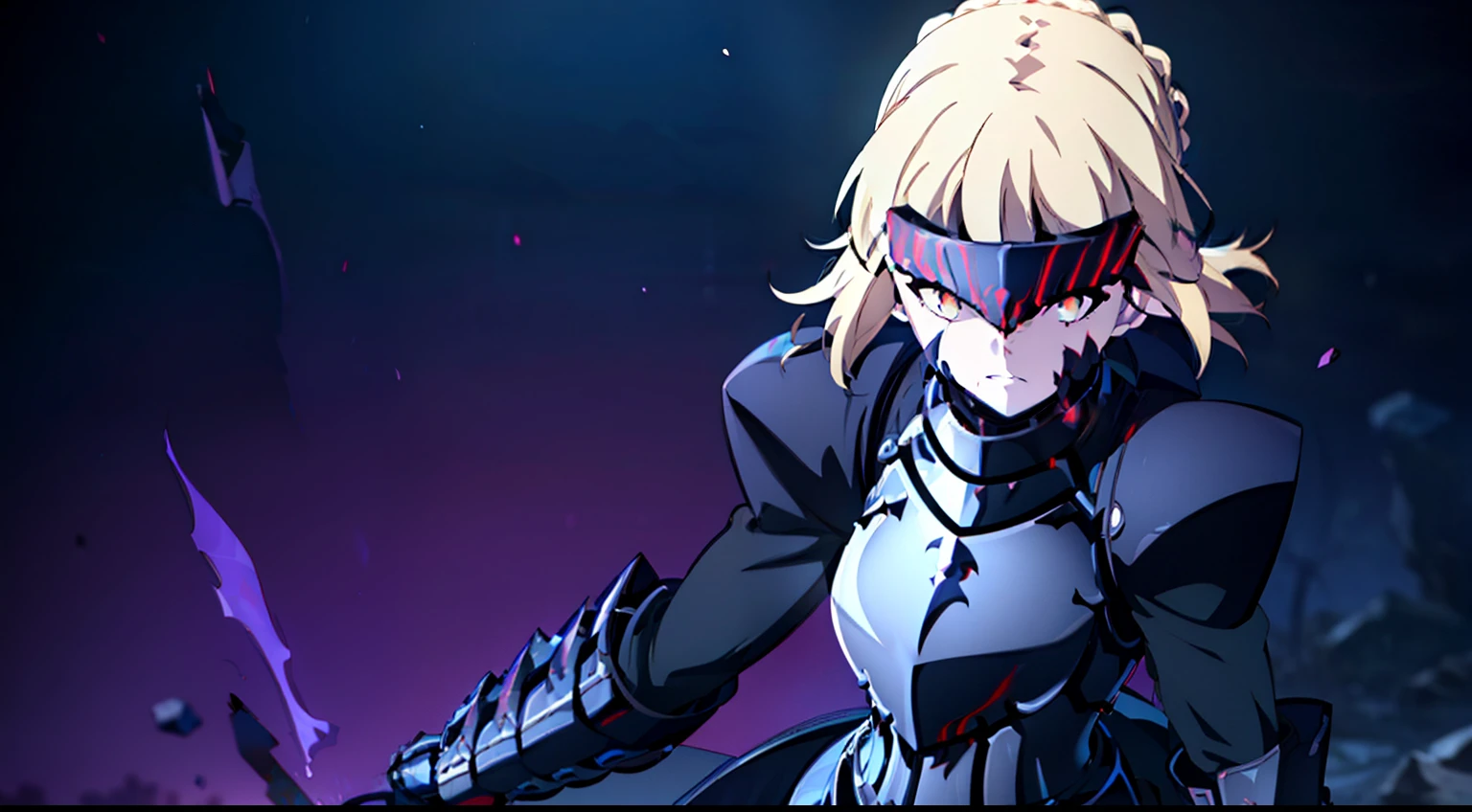 1girl, alter servant, solo, 8k, armor, black armor, ((body markings)), pale skin, weapon, dark persona, gauntlets, armored dress, dress, black dress, (corruption), short hair, dark knight, braid, french braid, long sleeves, visor (armor), parted lips, darkness, boots, armored boots, gauntlets, standing, gloves, ((looking afar)), sidelocks, closed mouth, sidelocks, pauldrons, shoulder armor, upper body, aura, dark aura, ahoge, ((covered eyes)), depth of field, (blood on clothes),