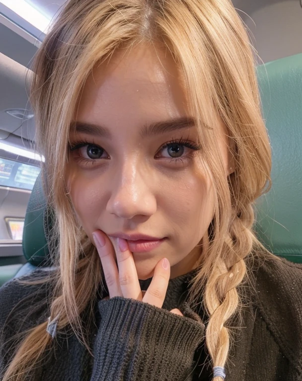 Blonde girl with braided hair sitting on a train looking at the camera, Parque Roseanne do Blackpink, jossi do blackpink, jisoo do blackpink, Jisoo do Blackpink, tzuyu de duas vezes, Retrato de Jossi de Blackpink, Kim Doyoung, Lalisa Manoban do Blackpink, Jinyoung Canela, Jaeyeon Nam, Retrato Jisoo Blackpink, Heonhwa Choe