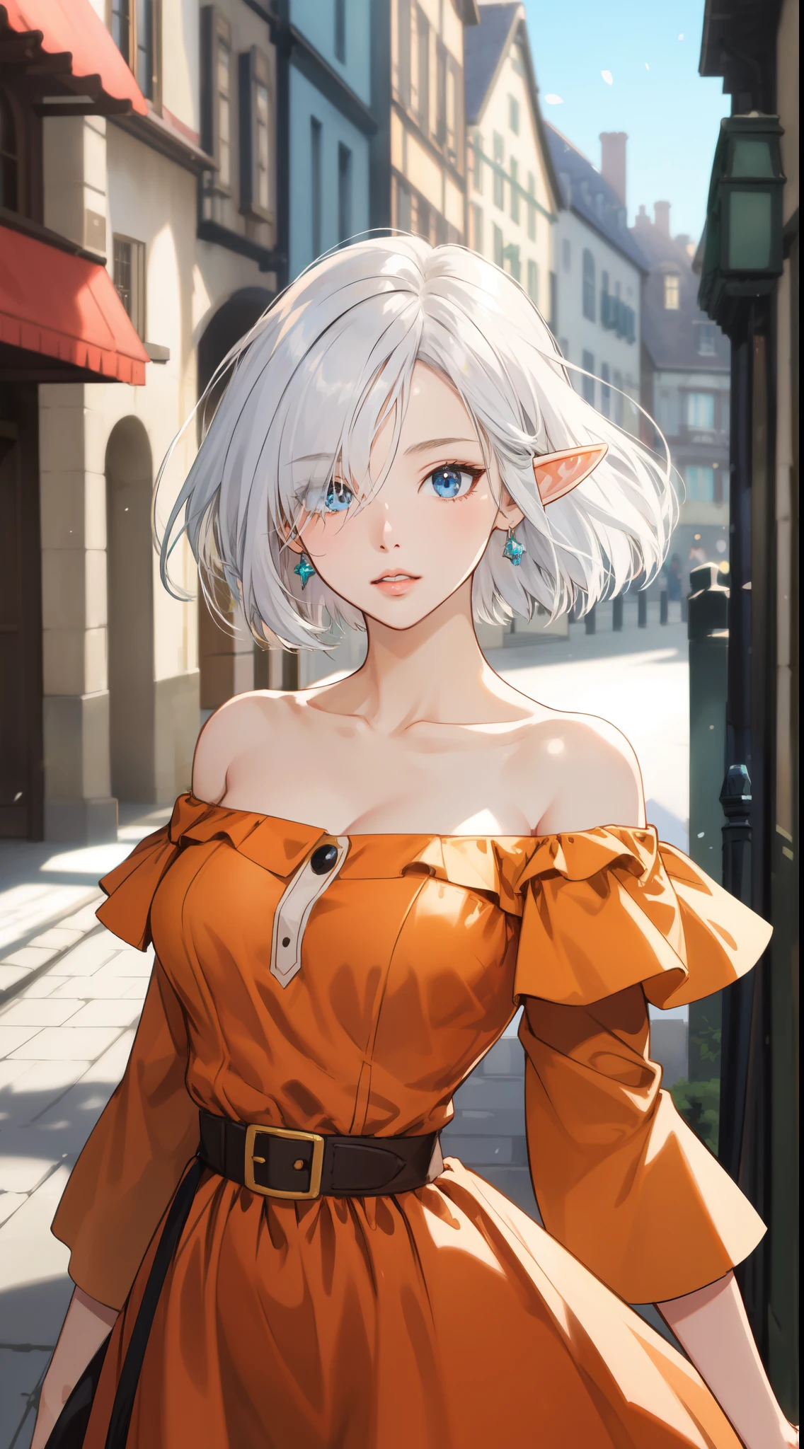 (masterpiece),(bestquality),(highly detailed),(ultra-detailed), a elf woman posing on the Medieval street corner with orange dress on, best quality, (elf), 1girl, big breast, day, bright, (depth of field:1.3), (blurry background:1.1), outdoor, (street:0.8), studio ghibli style street, neat, lifelike, pixiv, German architecture, inspired by Romanesque, (people, crowds:0.8), (off-shoulder dress:1.2), Bob cut hair, parted bangs, (hair over one eye), white hair, blue eyes, beautiful detailed sky, (dynamic pose:1.2), soft lighting, wind, shiny skin, (upper body:0.8), parted lips, artstation by Artgerm, by Kawacy, By Yusuke Murata