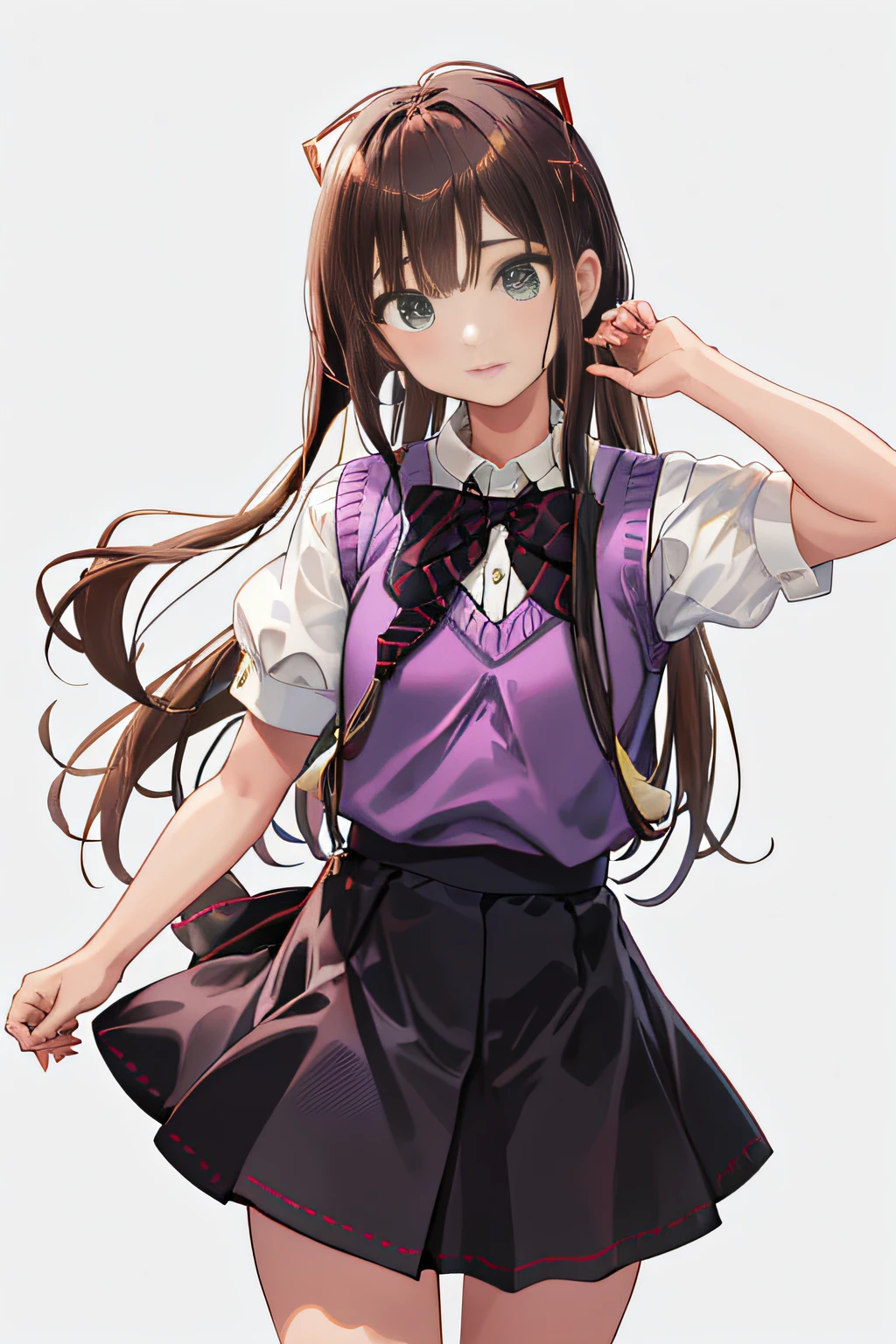 Obra maestra, La mejor calidad, Altas Resoluciones, 1chica kirasaka sayaka cinta alta de pelo de cola de caballo, Striped bow tie sweater vest white shirt short sleeve black skirt black thighs