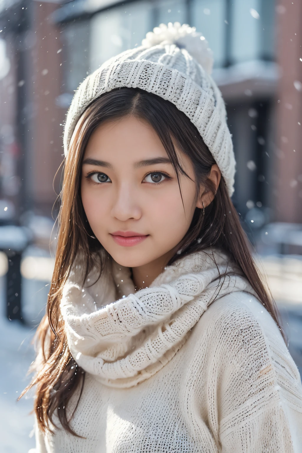 ((Kamimei、Tight knit))、(realisitic、Photorealsitic、ultra-detailliert、Highest Details Skins、top-quality、masterpiece、超A high resolution)、Cute Japan Woman、、hi-school girl、younggirl、Thin makeup、no-makeup、1 girl in、I have bangs、二重まぶた、drooing eyes、Japanese style face、Rustic face、View here、Realistic skin type、Thick gray muffler、fluffy hair、hair bulging with a scarf、Hair overflowing from scarf、Red cheeks、The wind is blowing、It's snowing、illuminations、Lighting from behind、knit hat、ssmile