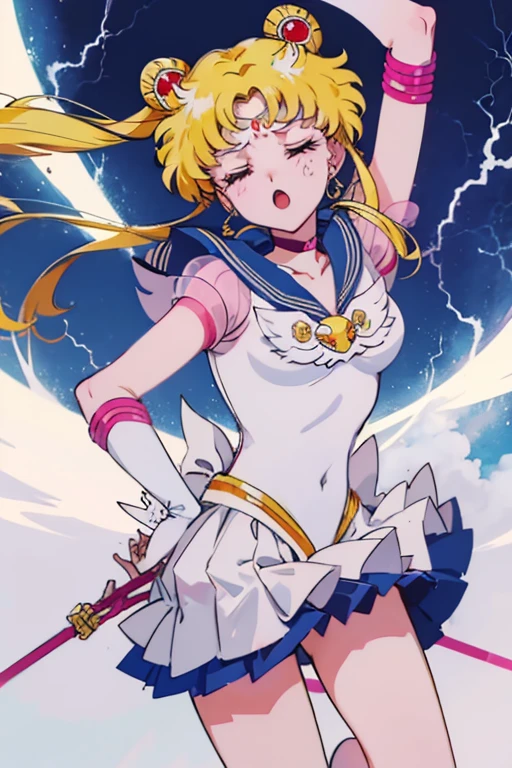 solo, eternal sailor moon, closed eyes, :o, tottering, tilt head, pain, suffering, moaning, struggling, lightning, torn clothes