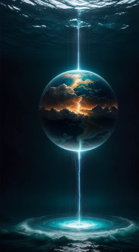 knollingcase, ocean scenery of Atlantis inside of water globe, thunderstorm, transparent data visualization, trending on art station, by Tom Bagshaw and Seb McKinnon, ultra detailed, hyper-realistic, cinematic, dramatic lighting, volumetric lighting, 150mm, octane render, photorealistic, denoise, photograph with a Hasselblad H3DII