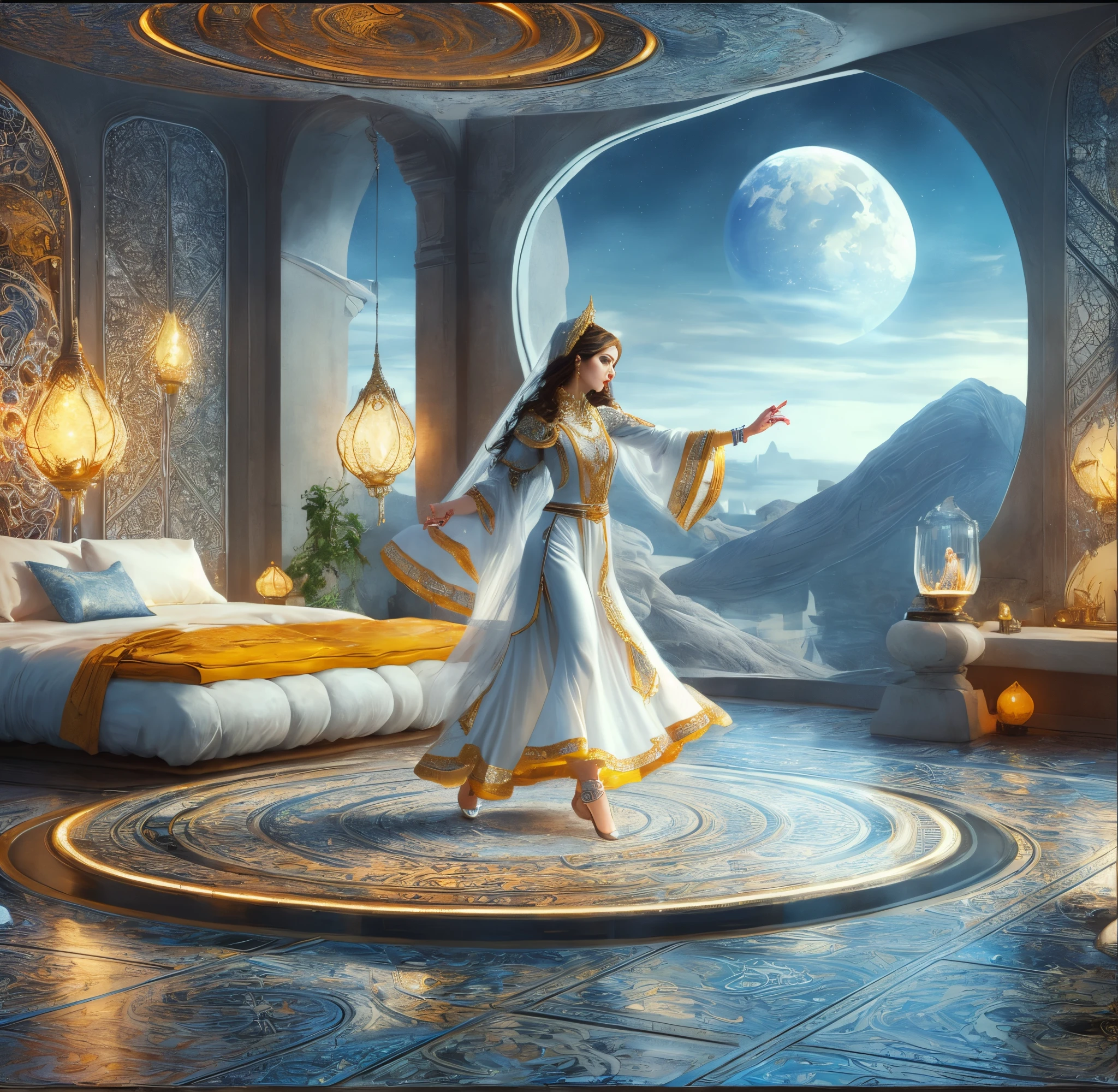 image arafed d'a woman in a white robe dancing in a piece, par Alexander Kucharsky, michael cheval (Moteur Unreal, realistic fantasy render, Art fantastique grand angle, Digital Art Fantastic Art, (style de production d'octane, detailed fantasy digital art, fantasy style 8 k octane render, Stuning Fantasy 3 D Render, Fantastique Art Behance