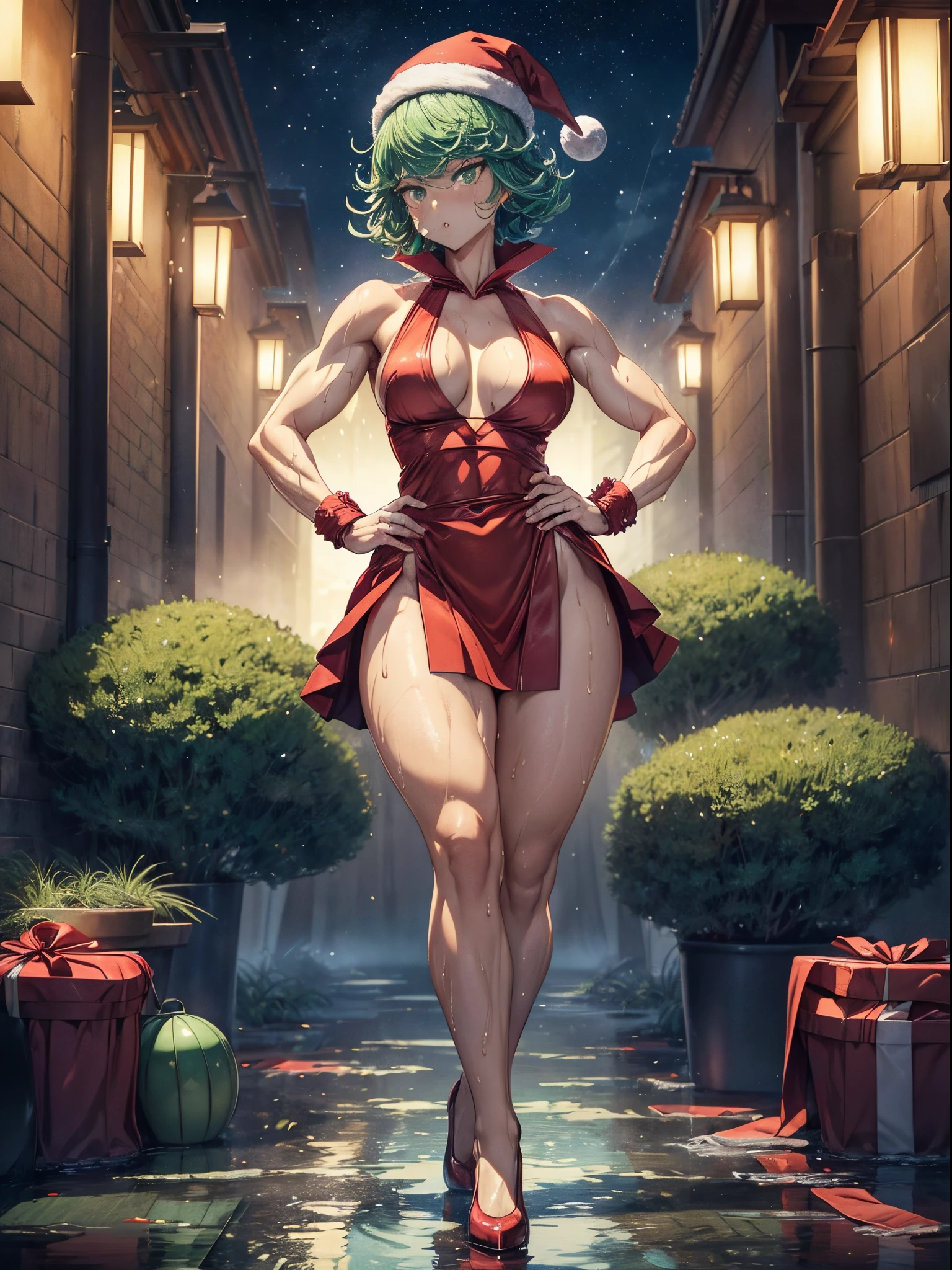 (((1 girl))), wearing Santa's hat, (Tatsumaki of a punch man), (((short green hair))), (green eyes), small chest, (((wearing sexy red outfit of Santa Claus with very short skirt))), (((full body view))), (in the city of Tokyo Japan at night with starry sky and full moon in the sky), (((beautiful and muscular legs all wet) )), thin waist, abdominal muscles, big body photo asull))), red high heels wearing me with my hands on my waist in a bad mood ), (((grumpy))), ( HDR), eye reflection , extended eyes, extended eyes, Moody, anime, minimalism, anime style, ray tracings, cinematic lighting, cinematic lighting, shine, shine, JPEG artifacts, bright light, god rays, ray tracings, drop shadow, panorama , Sony FE, from behind, Underneath, Underneath, UHD, master piece, precise, precise, anatomically correct, Super Detail, high quality, best quality, very high, 16k