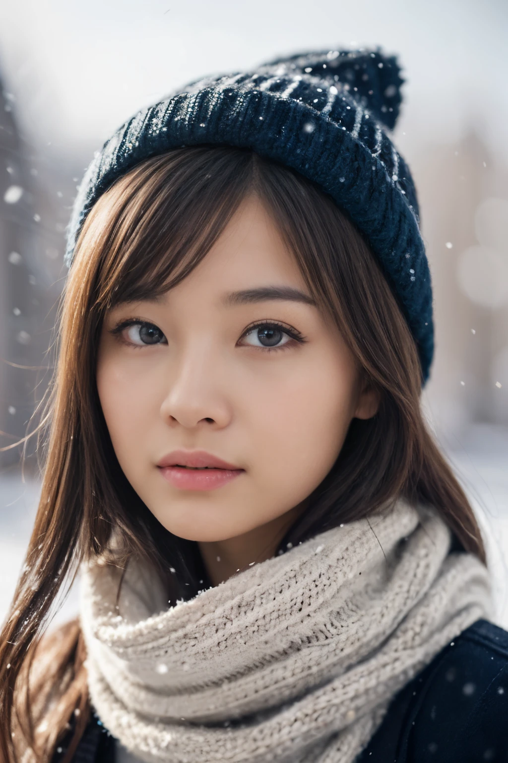 ((Kamimei、Tight knit、The body line is out))、(realisitic、Photorealsitic、ultra-detailliert、Highest Details Skins、top-quality、​masterpiece、超A high resolution)、Cute Japan Woman、sixteen years old、hi-school girl、younggirl、Thin makeup、no-makeup、1 girl in、I have bangs、二重まぶた、drooing eyes、Japanese style face、Rustic face、View here、Realistic skin type、Thick gray muffler、fluffy hair、hair bulging with a scarf、Hair overflowing from scarf、Red cheeks、The wind is blowing、It's snowing、illuminations、Lighting from behind、knit hat、ssmile