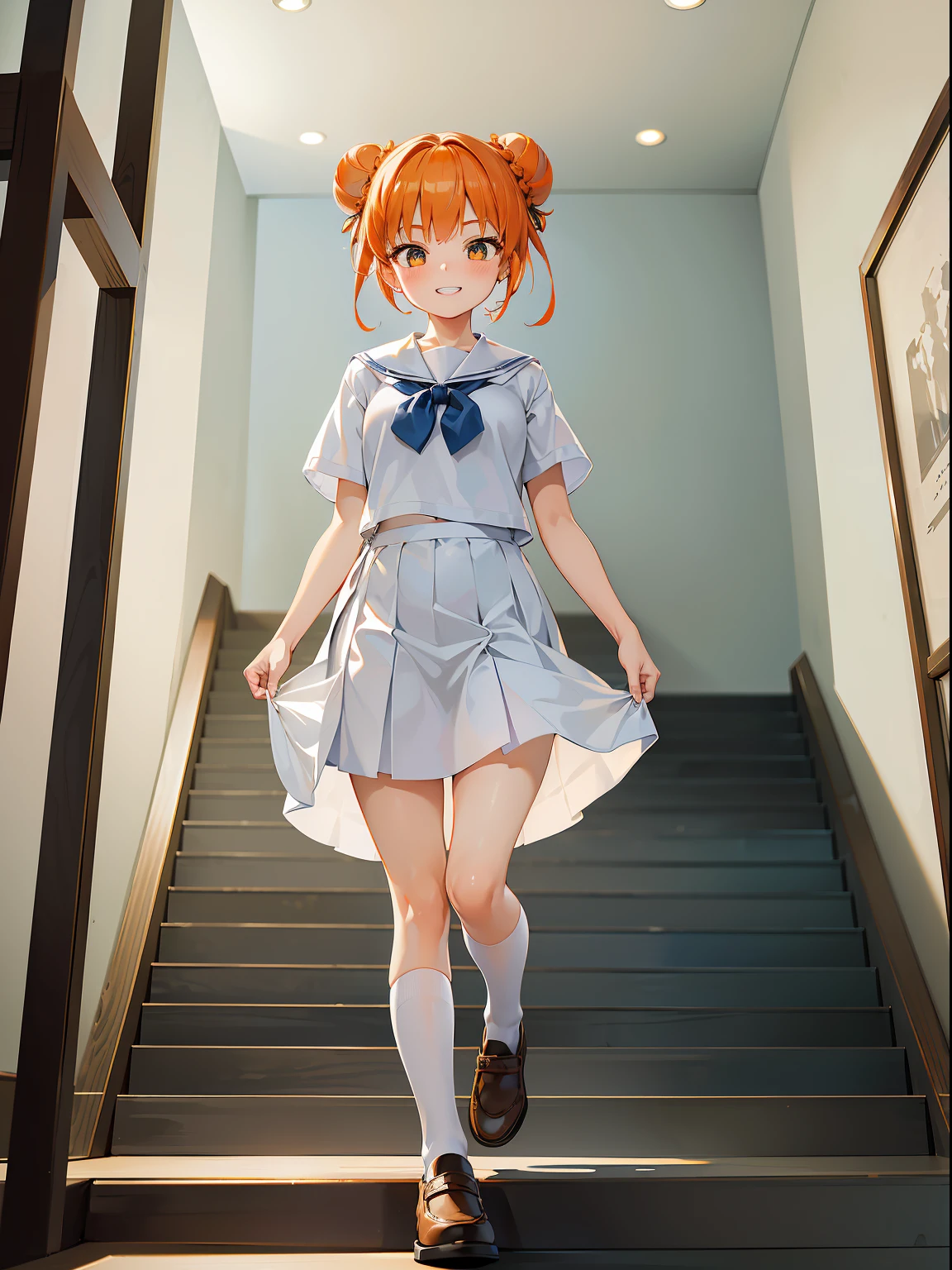 (RAW Photos, Best Quality), (animesque:1.2), (1 female gal), Absurd, awardwinning photo, Extreme Detail, very intricate,, Detailed face + Eyes, ((Orange hair, short-cut, Bun head)), (The face is small), Beautiful eyes, long eyelashes, Clean double eyelids, slenderbody, ((Sunburned skin)), Has an aura, ((High School Uniforms)), ((Smile through your teeth)), ((stairway, Angle from below)), Full body portrait, Realistic, Highly detailed, Photography, masutepiece, High quality, High quality, hight resolution, Professional Lighting, (glistning skin:0.9),