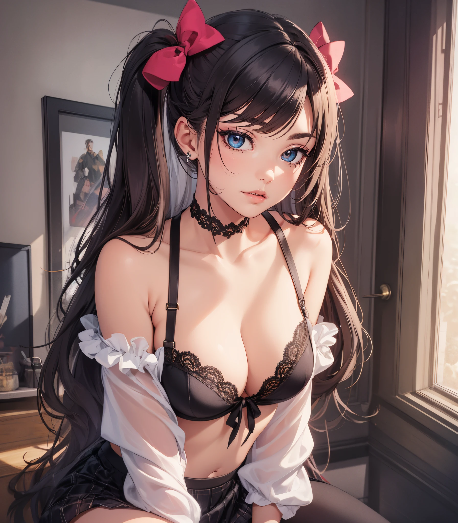 (masterpiece, best quality), beautiful woman, 23 years, soft light, ((ballerina skirt)), bare shoulders, cleveage, long hair, long twintails, hairbows, black hair, alluring, big georgeous eyes, soft smile, perfect slim fit body, blue ballerina shoes, realistic background, elegant apartment, minimalistic apartment, realistic background, bright colors, full body shot, fullbody, medium breasts, solo, cleveage, sexy