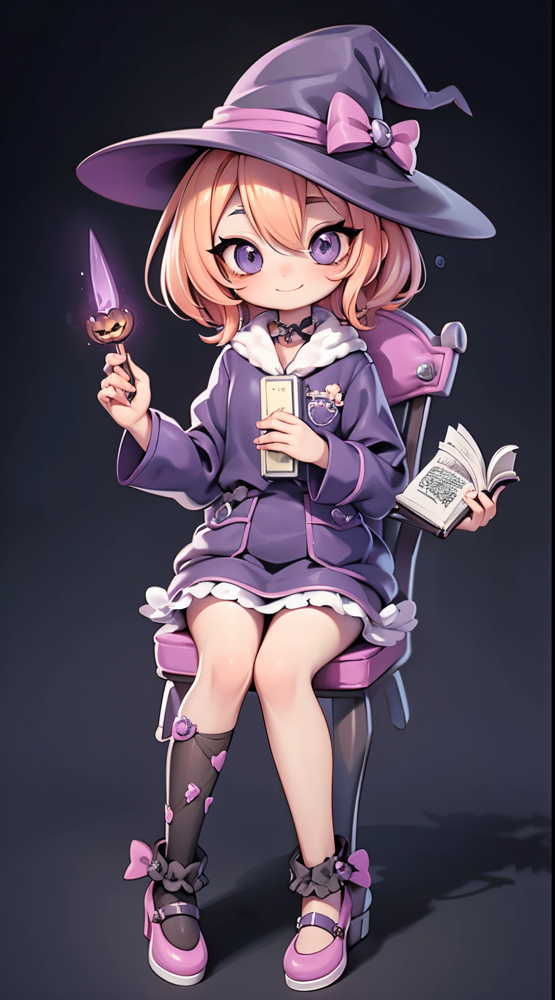 Cute Halloween Theme、full body Esbian、A smile、 The Wand and the Magic Book、Glamorous Hat、Halloween Accessories、Draw clothes buttons and pockets in a Halloween style、Cute shoes、sit a chair、bio luminescent、radiant light