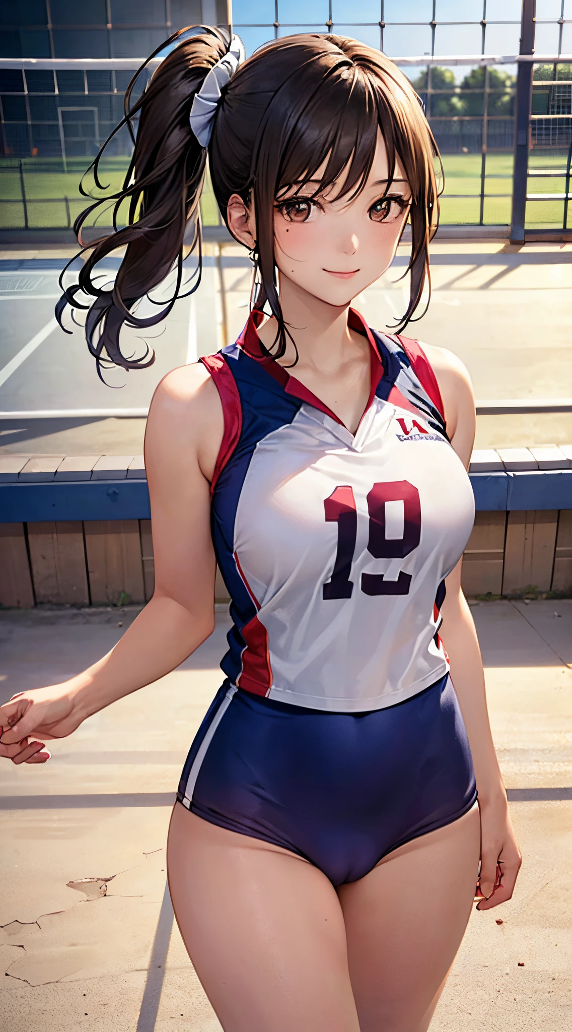 ((((perfect anatomy, anatomically correct, super detailed skin)))), 1 girl, japanese, 16 years old, volleyball player, shiny skin, watching the view, 
 beautiful hair, beautiful face, beautiful detailed eyes, brown eyes, (middle hair:1.4, side ponytail:1.7), babyface, mole under eye, 
 beautiful collarbones, beautiful body, beautiful breasts, beautiful thighs, beautiful legs, large breasts:0.5, seductive thighs, cameltoe, bare arms, bare hands, bottomless, 
 ((symmetrical clothinetallic)), (((buruma), sleeveless volleyball uniform)), break, 
 smile, volleyball playing pose, sexy pose, 
 (beautiful scenery), evening, day, ((volleyball gymnasium, volleyball cort)), 
 (8k, top-quality, masterpiece​:1.2, extremely detailed), (photorealistic:1.2), beautiful illustration, natural lighting,