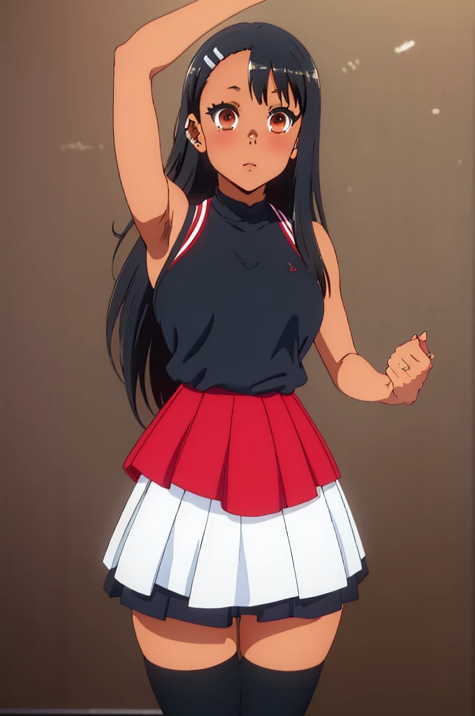 (best quality,highres,masterpiece:1.2),ultra-detailed,realistic,full body, nagatoro hayase, hairclip hair ornament, brown eyes, (dark skin, dark skinned female):1.2, long black hair, (gyaru bimbo | bimbo gyaru, thin toned body, long legs, thick thighs, narrow waist), wide hips, beautiful detailed face, detailed body, detailed eyes, (high-waisted skirt red pleated skirt round skirt, tight black stretchy top tucked in, white thighhighs, heels), intense lighting