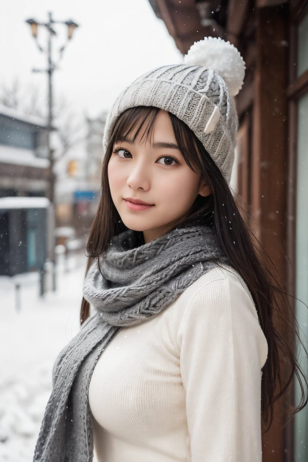 ((Kamimei、Tight knit、large full breasts))、(realisitic、Photorealsitic、ultra-detailliert、Highest Details Skins、top-quality、​masterpiece、超A high resolution)、Cute Japan Woman、、hi-school girl、younggirl、Thin makeup、no-makeup、1 girl in、I have bangs、二重まぶた、drooing eyes、Japanese style face、Rustic face、View here、Realistic skin type、Thick gray muffler、fluffy hair、hair bulging with a scarf、Hair overflowing from scarf、Red cheeks、The wind is blowing、It's snowing、illuminations、Lighting from behind、knit hat、ssmile