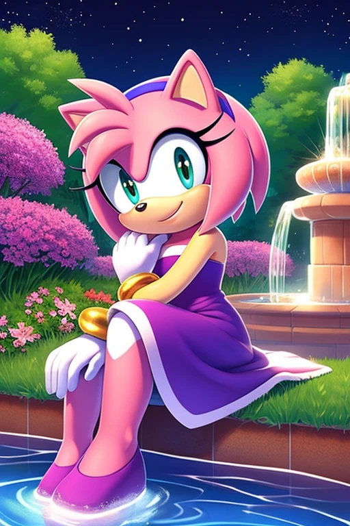 Amy Rose, Pink Hedgehog, Beautiful, short hair, Blue hairband, smile, Jewelry, Blue Strapless Dress, Long Dress, Long White Gloves, Night, Stars, Looking at Viewer, sitting down, sitting on a park bench, 2D illustration. A Background of a garden, with colorful flowers, and water fountain, upper body, close up.
