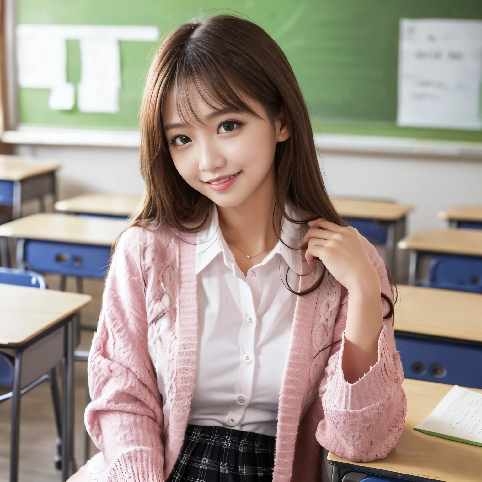 ((top-quality、masutepiece、8K、Top image quality))、(1 photo:1.5)、Highly saturated、1 girl、((Pink cardigan、Uniform Shirt、Pink plaid pleated skirt))、The happiest smile、View me、waved hair、(Studying in the classroom:1.3)、school class room background、lipsticks、long eyelashes、Perfect makeup、Emphasize body lines、large full breasts、a blond、accurate anatomy、(perfect hair:1.2)、Gravure Pose、(exact cardigan:1.3)