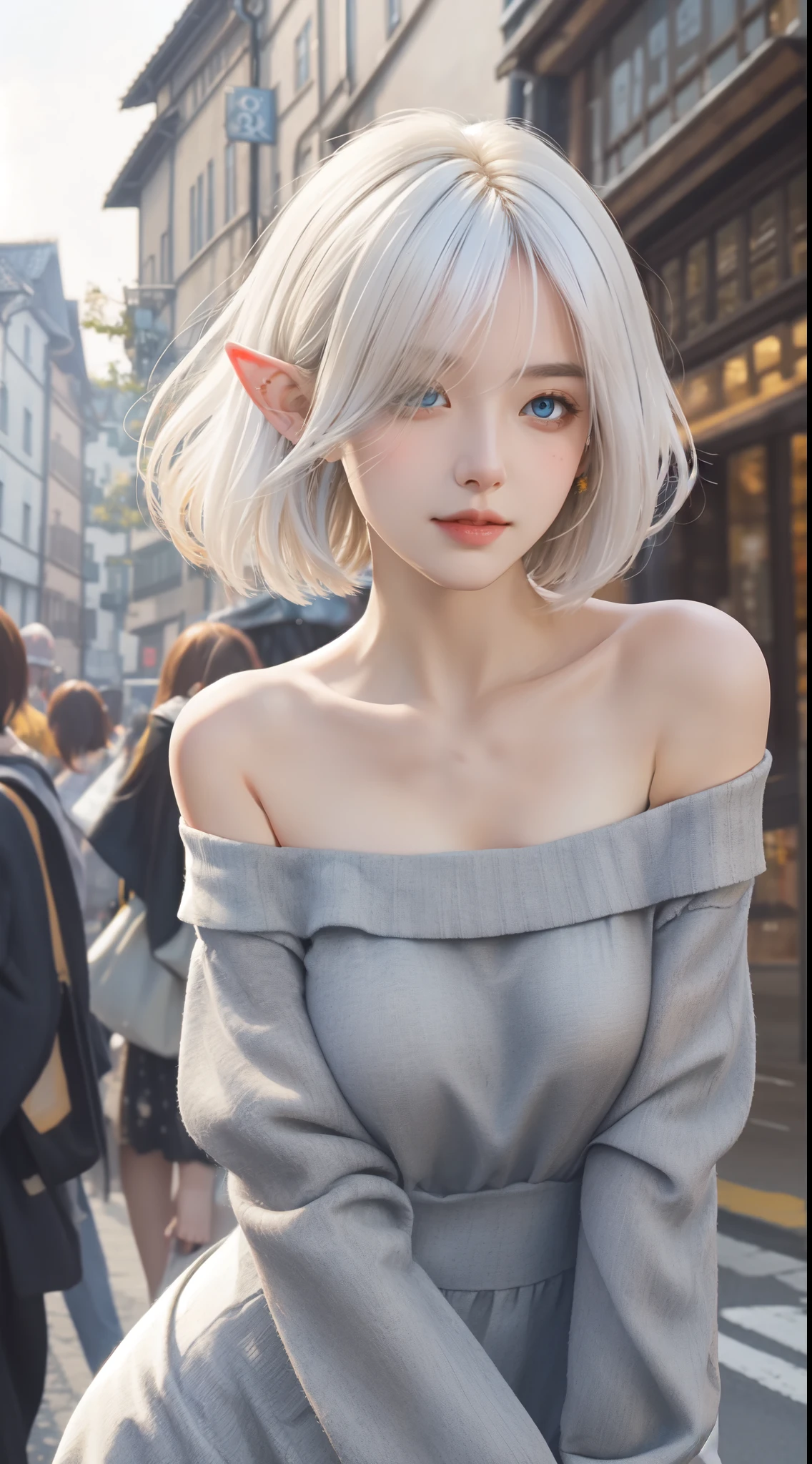 (masterpiece),(bestquality),(highly detailed),(ultra-detailed), a elf woman posing on the Medieval street corner with orange dress on, best quality, (elf), 1girl, big breast, day, bright, (depth of field:1.3), (blurry background:1.1), outdoor, (street:0.8), studio ghibli style street, neat, lifelike, pixiv, German architecture, inspired by Romanesque, (people, crowds:0.8), (off-shoulder dress:1.2), Bob cut hair, parted bangs, (hair over one eye), white hair, blue eyes, beautiful detailed sky, (dynamic pose:1.2), soft lighting, wind, shiny skin, (upper body:0.8), parted lips, artstation by Artgerm, by Kawacy, By Yusuke Murata